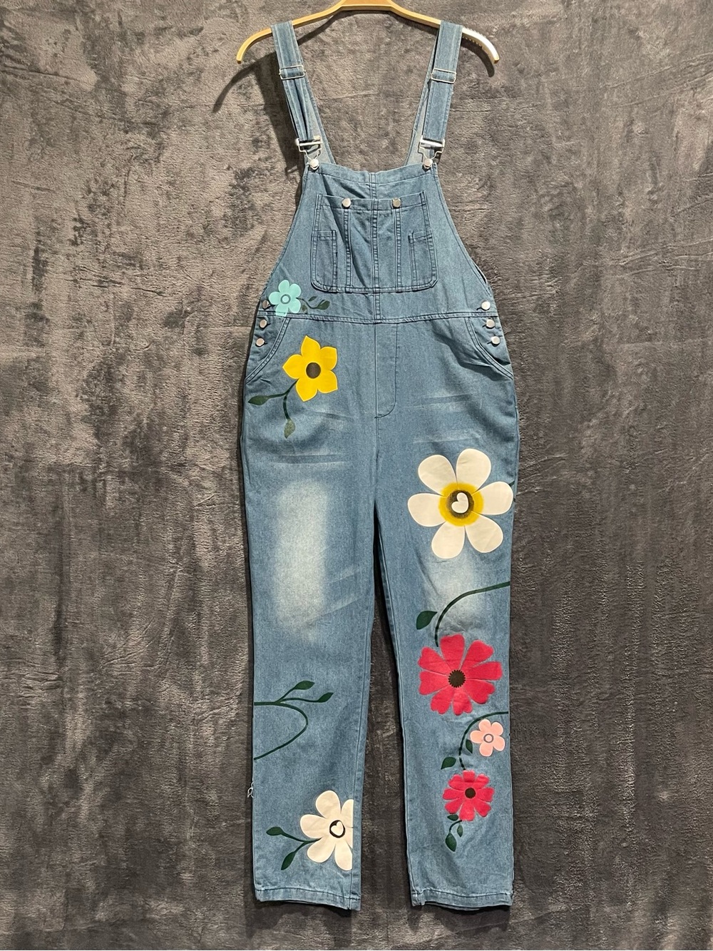 Denim Floral Painted Overalls — Blue with Multicolor Flowers Size XXL